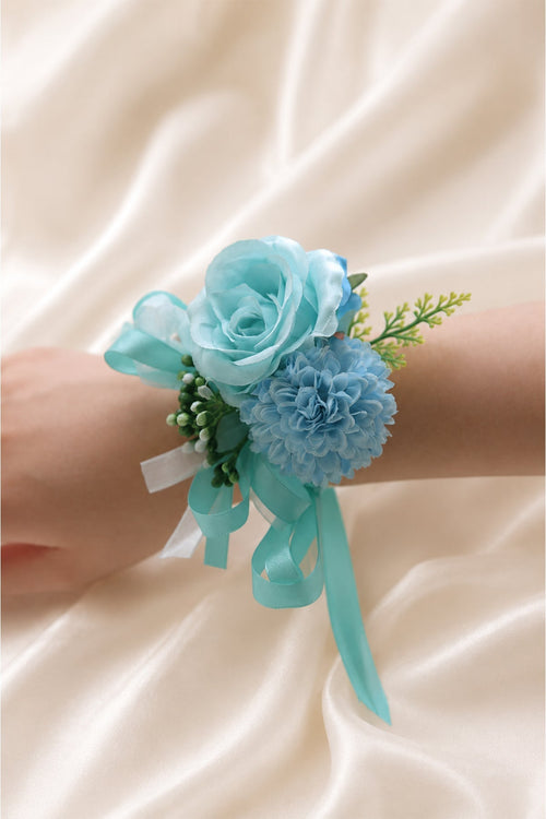 Silk Roses Artificial Bridesmaid Wrist Corsage in Tiffany Blue - KissProm Accessories