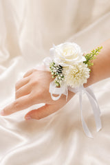 Silk Roses Artificial Bridesmaid Wrist Corsage in White - KissProm Accessories