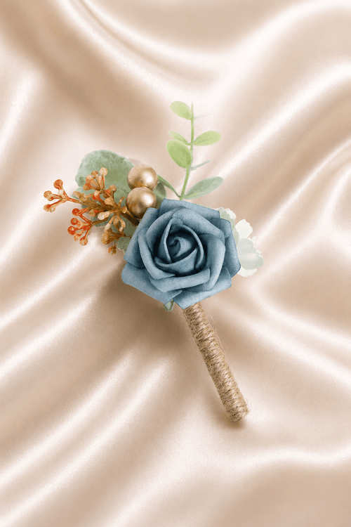 Silk Roses Artificial Wedding Bridesmaid Boutonniere in Blue - KissProm Accessories