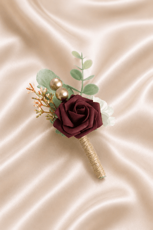 Silk Roses Artificial Wedding Bridesmaid Boutonniere in Burgundy - KissProm Accessories