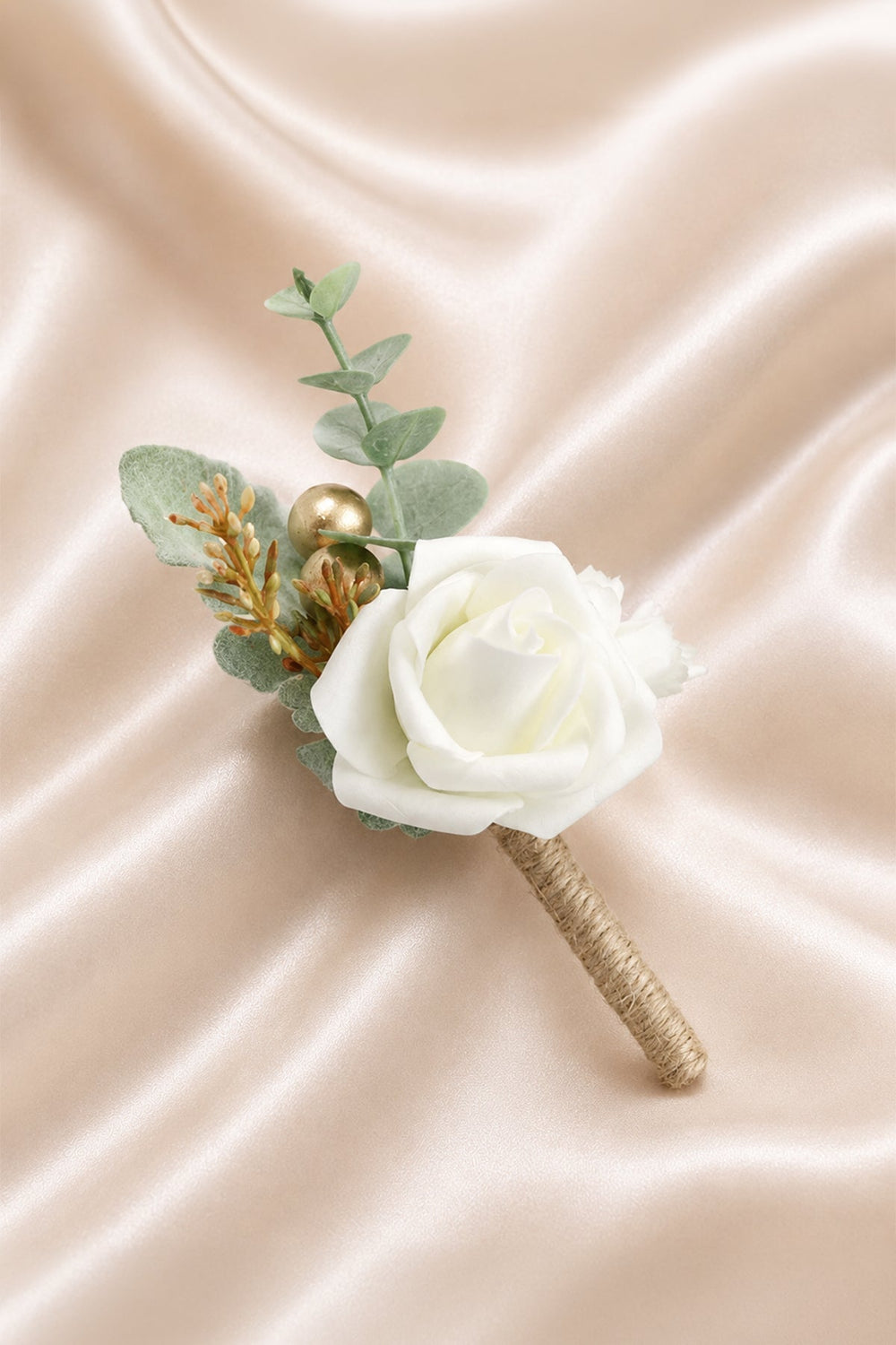 Silk Roses Artificial Wedding Bridesmaid Boutonniere in White - KissProm Accessories