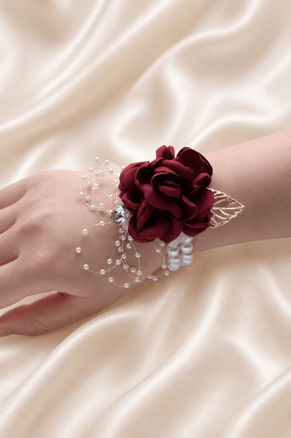 Silk Roses Artificial Wedding Bridesmaid Wrist Corsage in Burgundy - KissProm Accessories