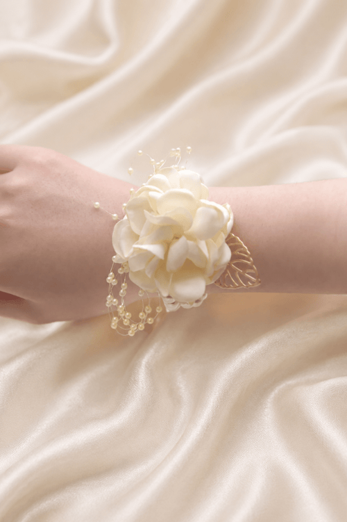 Silk Roses Artificial Wedding Bridesmaid Wrist Corsage in Ivory - KissProm Accessories