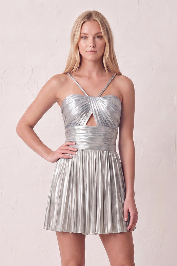 Silver A-Line Metallic Spaghetti Strap Pleated Homecoming Dress | KISSPROM