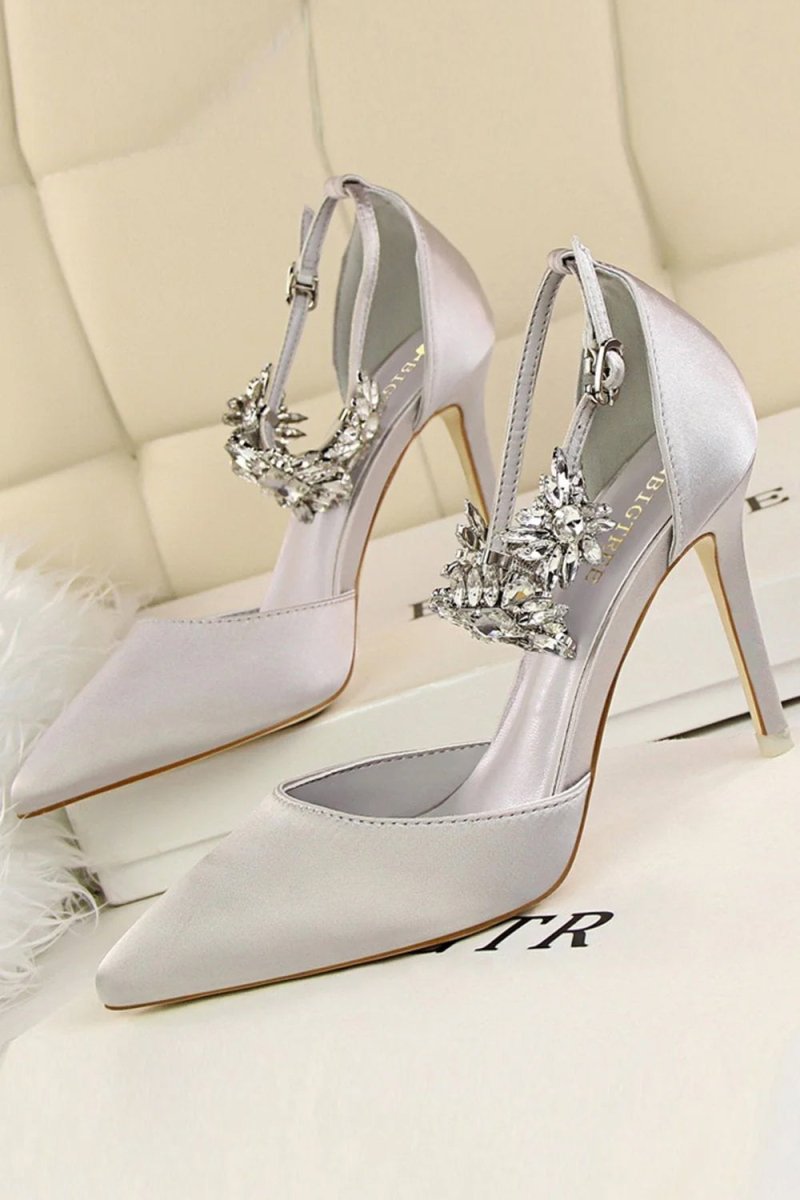 Silver Ankle Strap Prom Heels with Crystals - KissProm
