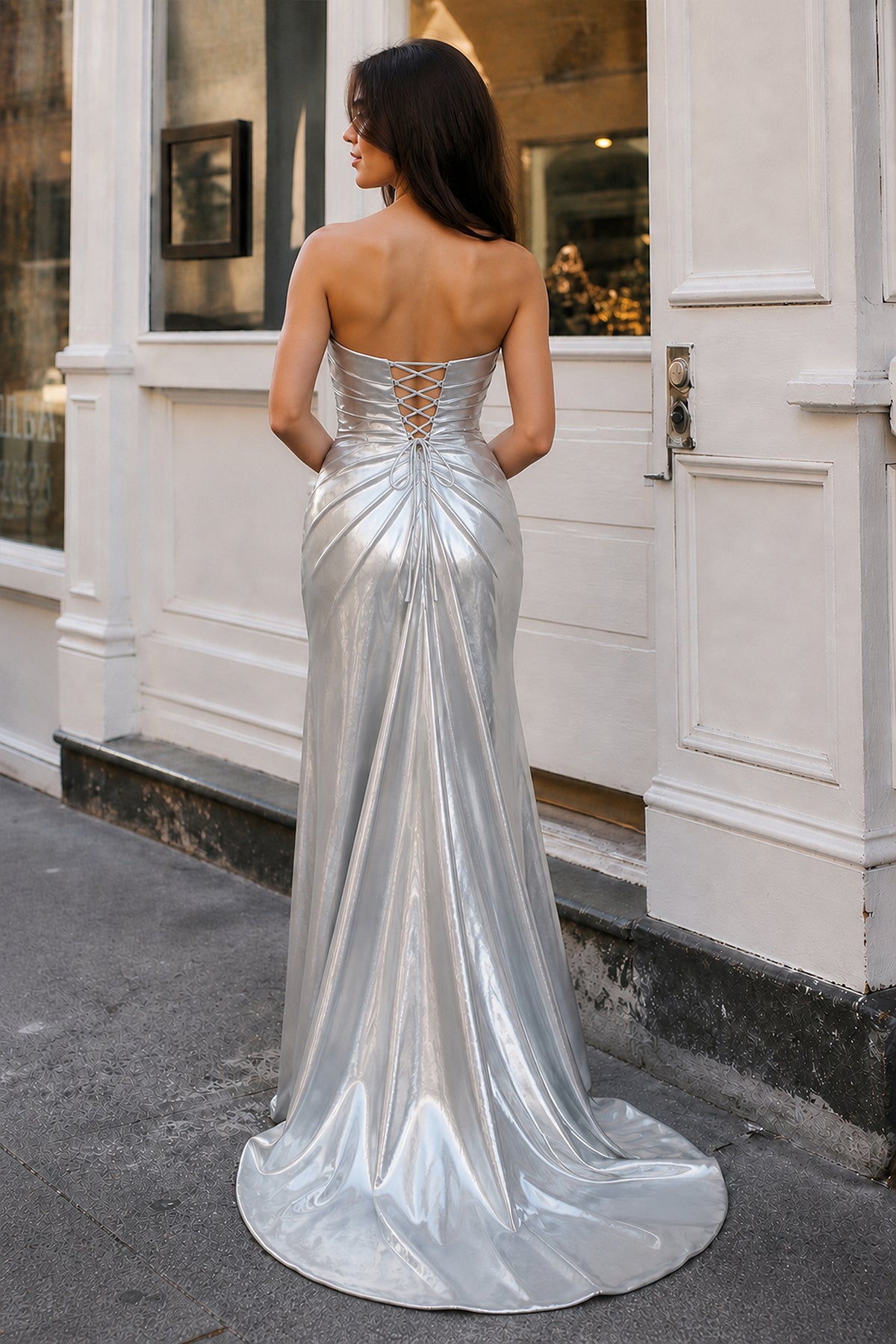 KissProm Silver Beaded Sweetheart Mermaid Long Formal Dress with Slit, Silver / 4 / Spandex