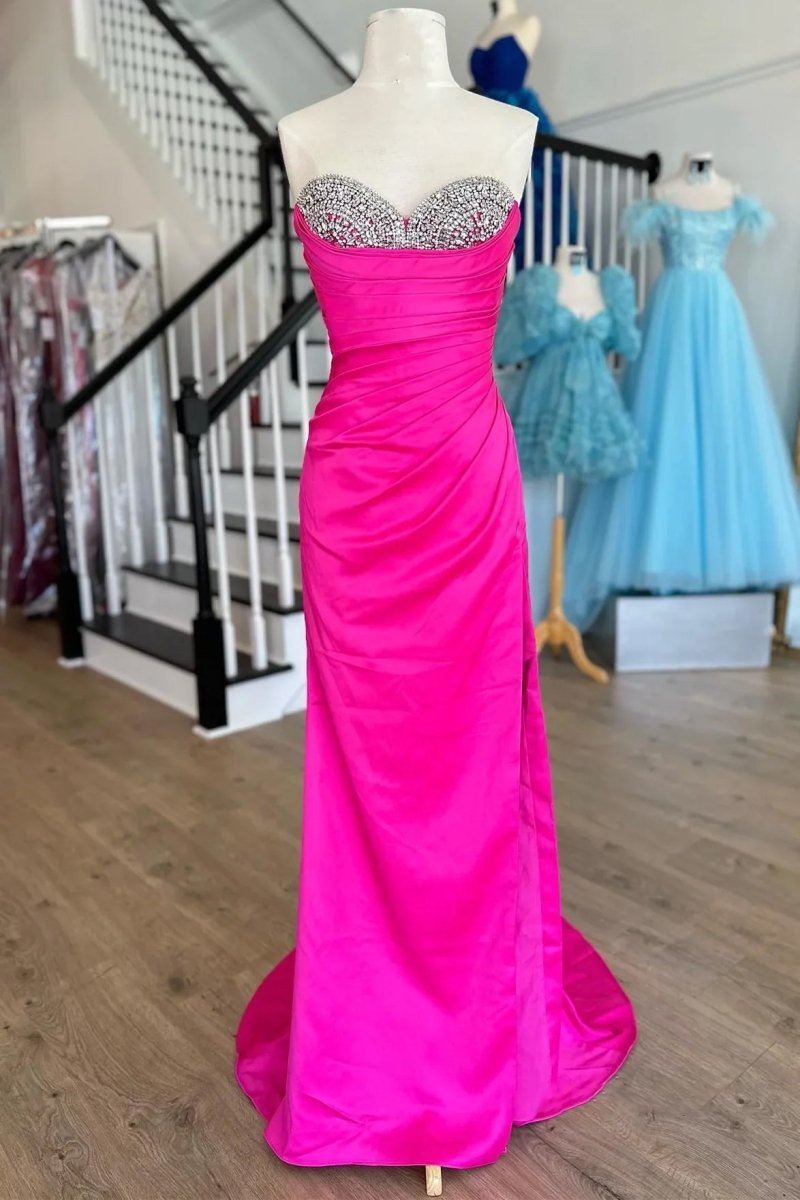 Silver Beaded Sweetheart Mermaid Long Formal Dress with Slit Fuchsia / 4 / Spandex