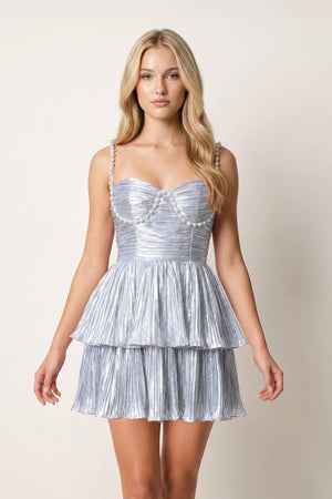 Silver Black Spaghetti Straps A Line Metallic Pleated Short Homecoming Dresses With Beading | KISSPROM
