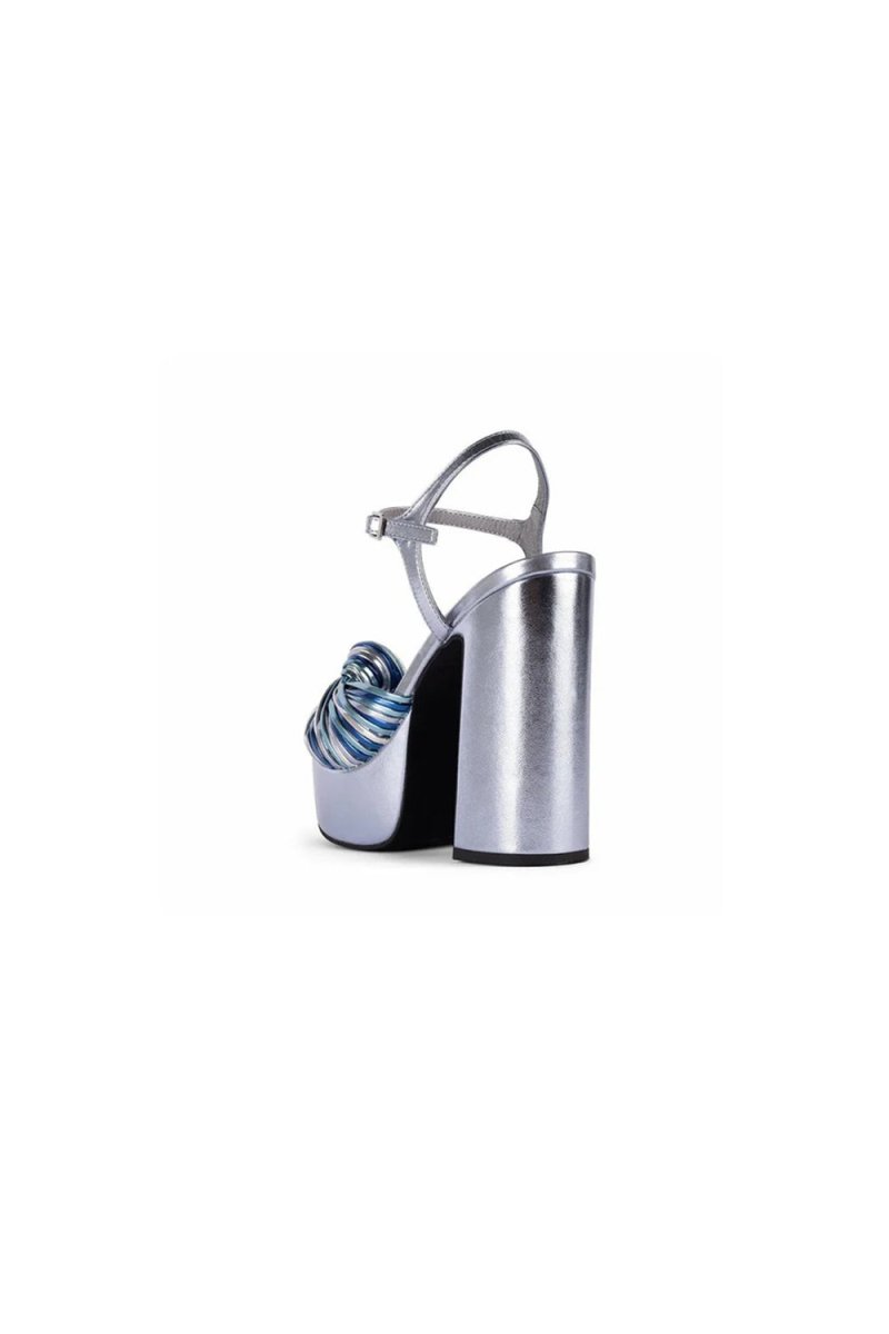 Silver Chunky Knotted Block Heel Platform Sandals - KissProm