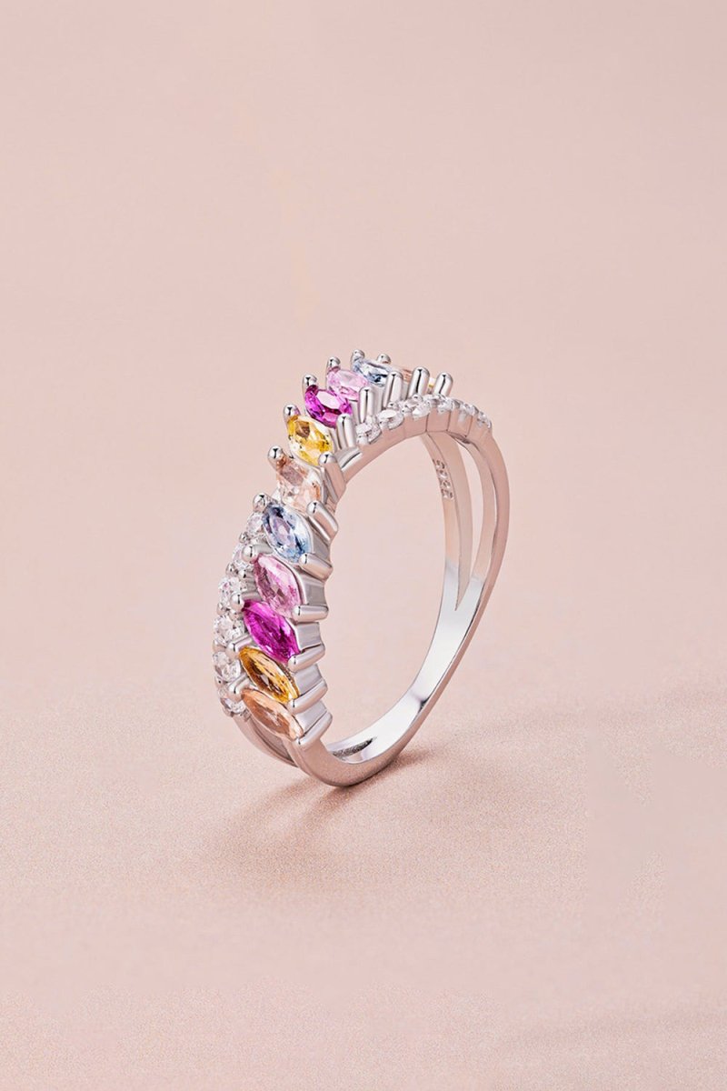 Silver Cross Shaped 5A Cubic Zirconia Colorful Agate Twisted Ring - KissProm