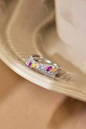 Silver Cross Shaped 5A Cubic Zirconia Colorful Agate Twisted Ring - KissProm