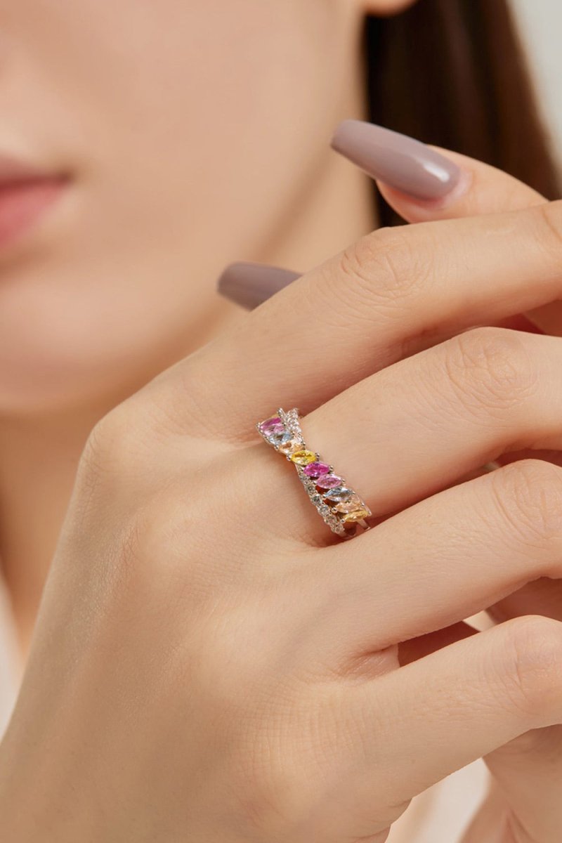 Silver Cross Shaped 5A Cubic Zirconia Colorful Agate Twisted Ring - KissProm