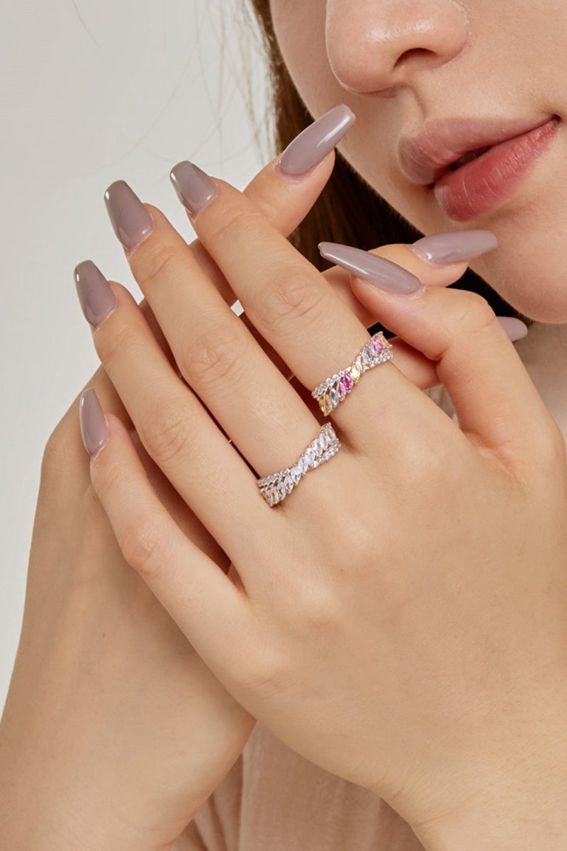 Silver Cross Shaped 5A Cubic Zirconia Colorful Agate Twisted Ring - KissProm