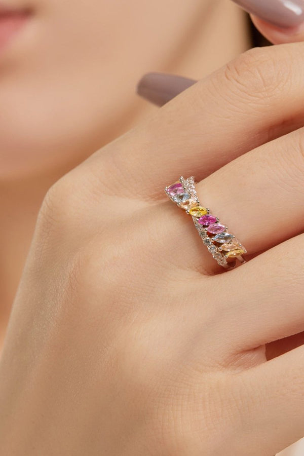 Silver Cross Shaped 5A Cubic Zirconia Colorful Agate Twisted Ring - KissProm