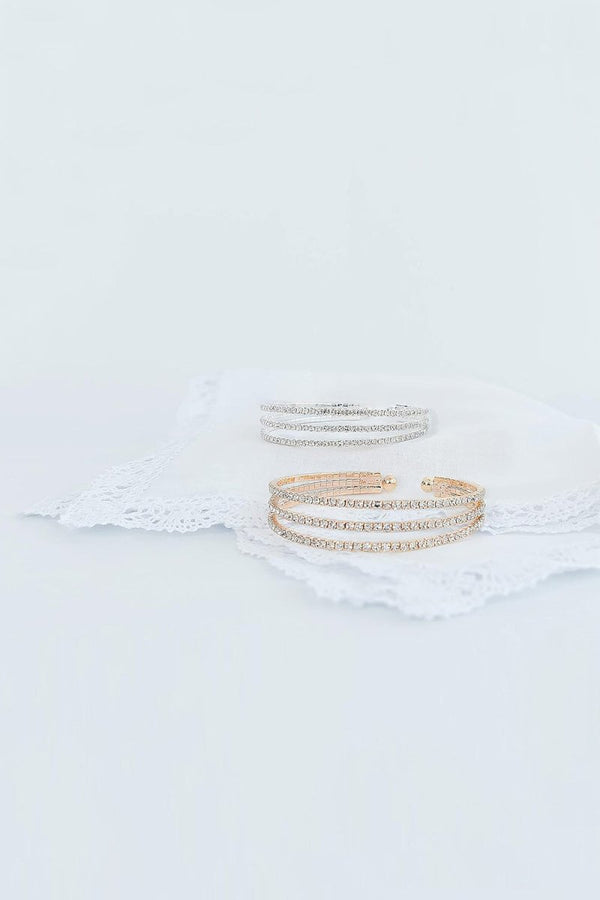 Silver Three Row Rhinestone Open Bracelets - KissProm