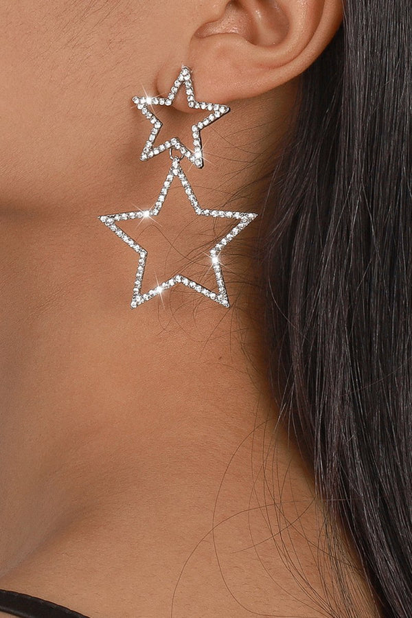 Silver Hollow Star Rhinestone Dangle Earrings