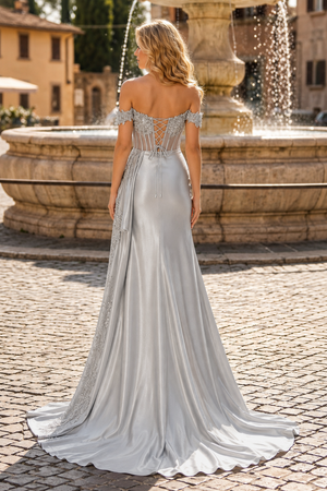 Off the Shoulder Satin Beaded Prom Dress With Appliques