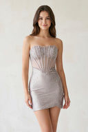 Silver Tight Beaded Strapless Short Corset Homecoming Dresses-KISSPROM