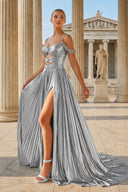 Silver Off the Shoulder A-Line Metallic Pleated Long Party Gown | KISSPROM