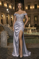 Burgundy Off The Shoulder Mermaid Beaded Satin Long Prom Dresses With Appliques – Prom Dress by KissProm | Available at KissProm