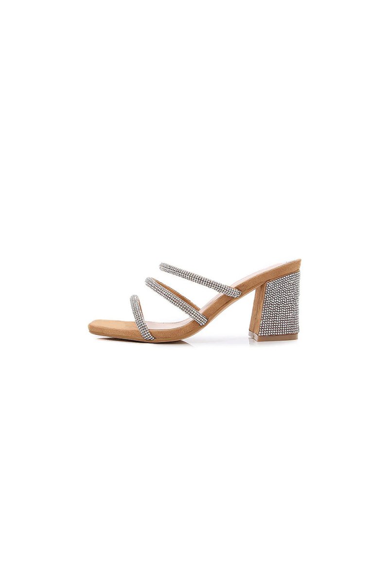 Silver Rhinestones Slip On Chunky Heel Sandal - KissProm