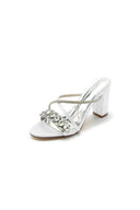 Silver Satin High Heels with Crystal and Metal Embellishments - KissProm