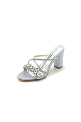 Silver Satin High Heels with Crystal and Metal Embellishments - KissProm