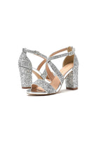 Silver Sequined Cross Straps Open Toe Chunky Heels - KissProm