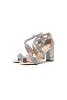 Silver Sequined Cross Straps Open Toe Chunky Heels - KissProm