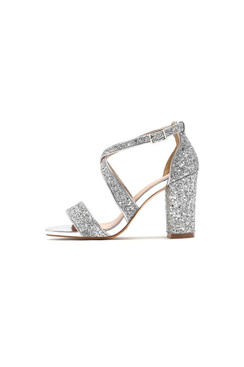 Silver Sequined Cross Straps Open Toe Chunky Heels - KissProm