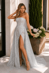 Silver Sheath Strapless Long Formal Dress With Sequins | KISSPROM