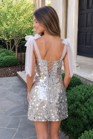 Silver Sparkly V-Neck A-Line Sequin Homecoming Dress (2) | KISSPROM