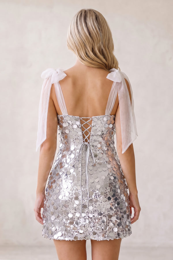 Silver Sparkly V-Neck A-Line Sequin Homecoming Dress (4) | KISSPROM