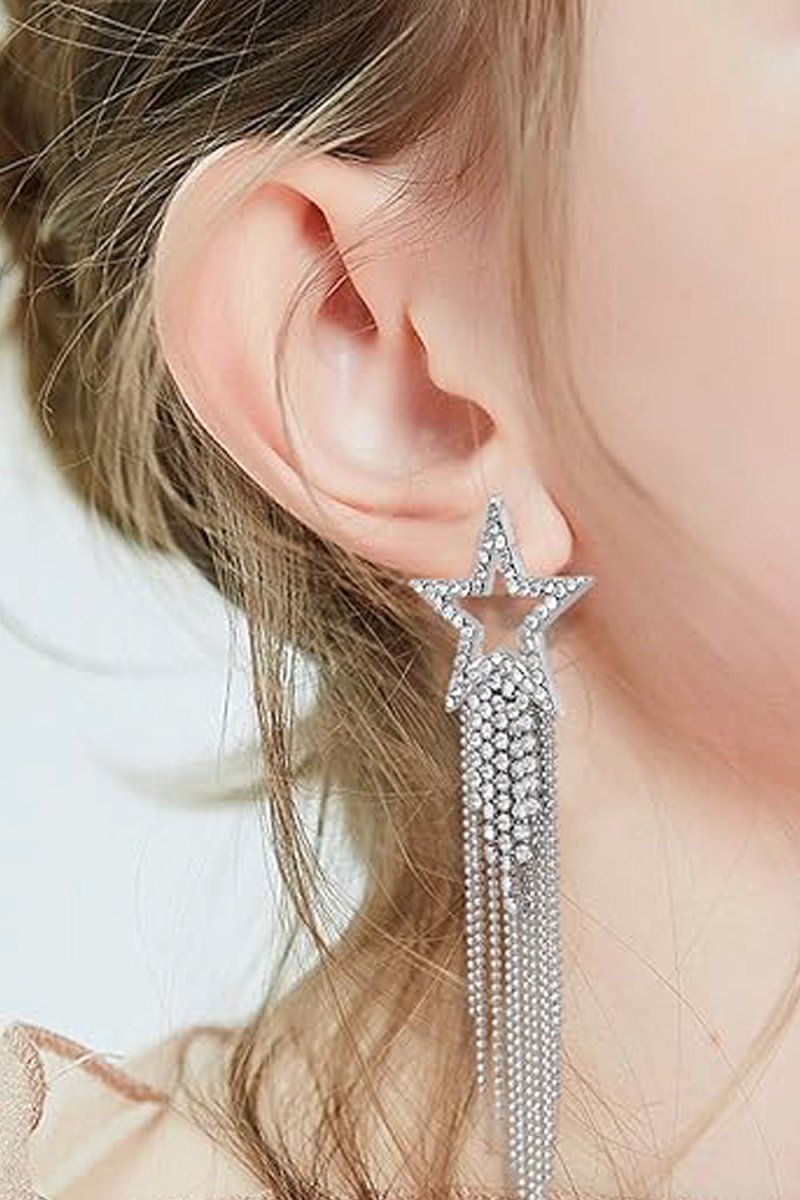 Silver Star Beaded Drop Tassel Earrings