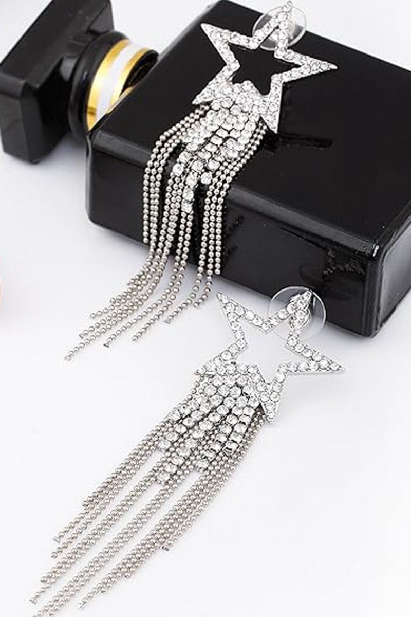 Silver Star Beaded Drop Tassel Earrings