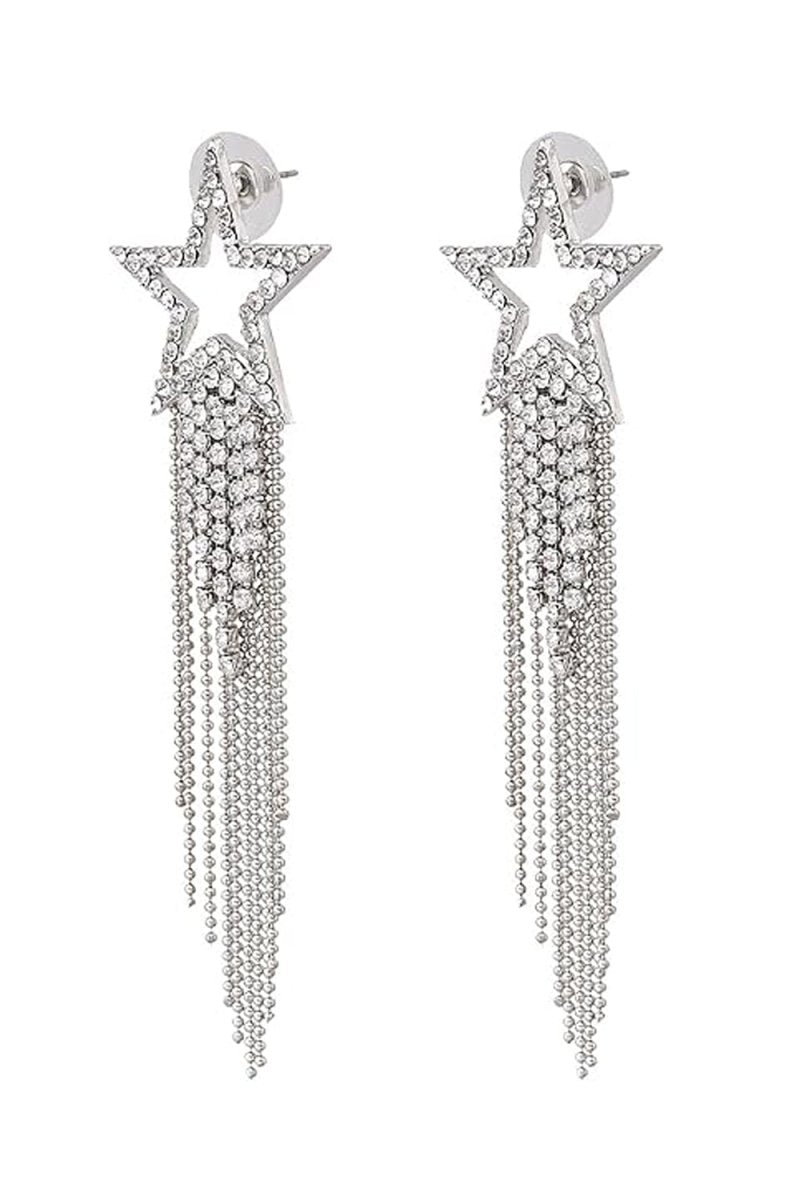 Silver Star Beaded Drop Tassel Earrings