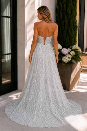 Celia | A-line Strapless Silver Long Prom Dresses Unique Evening Dress