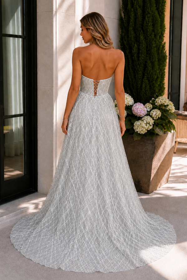 Celia | A-line Strapless Silver Long Prom Dresses Unique Evening Dress
