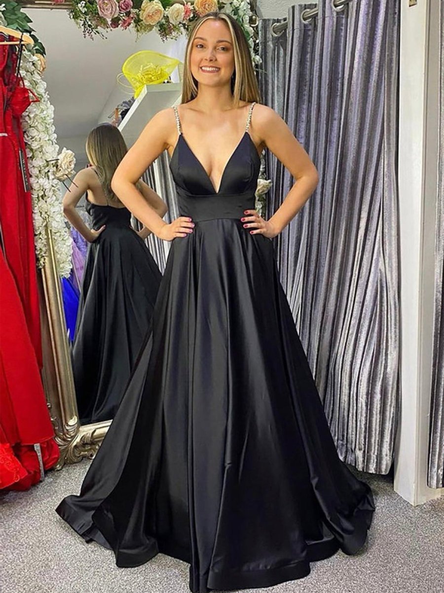 Silvie | Black Deep V Neck Satin A Line Prom Dress With Beading - KissProm