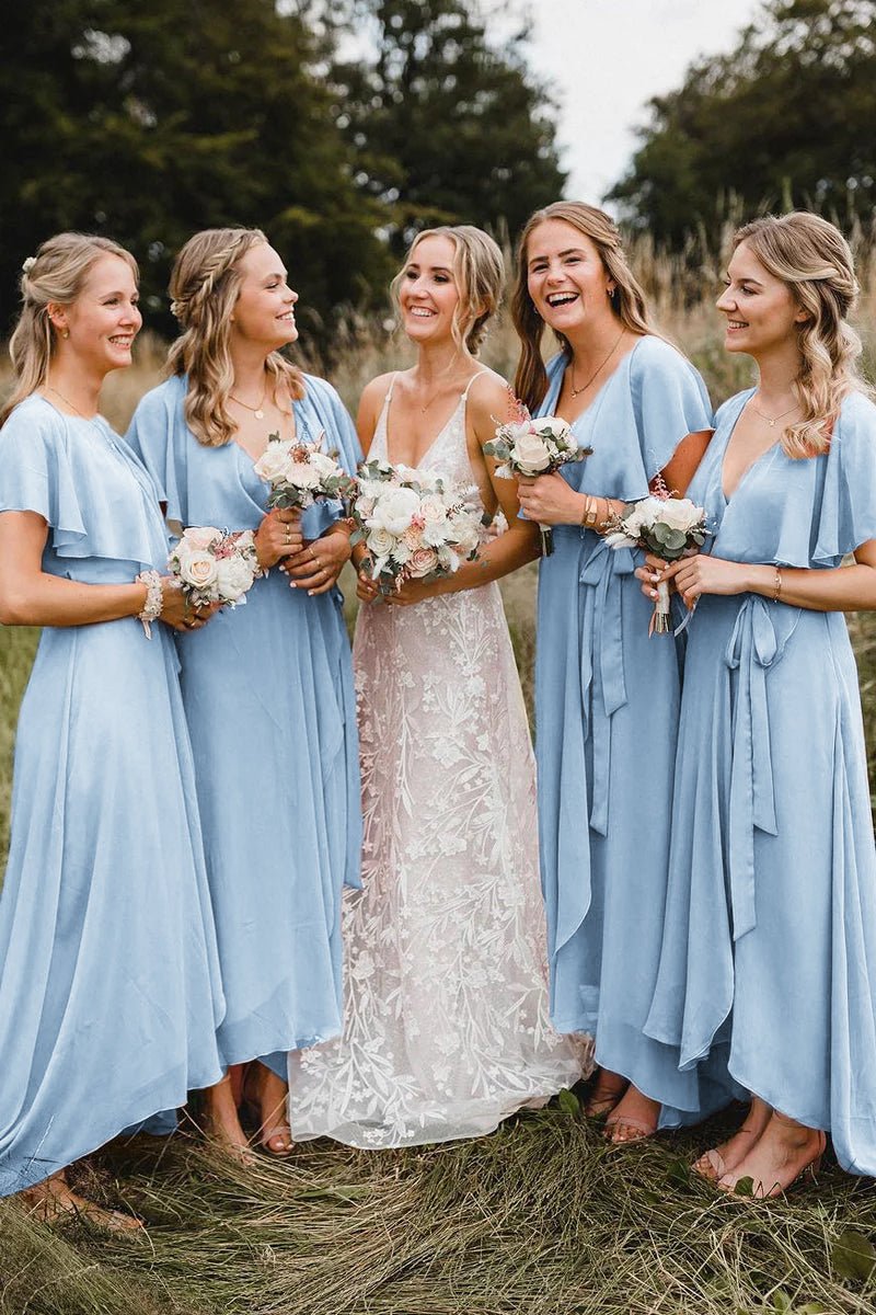 knee length dresses for ladies Simple A-Line Coral Chiffon Long Bridesmaid Dresses, Sky Blue / 8
