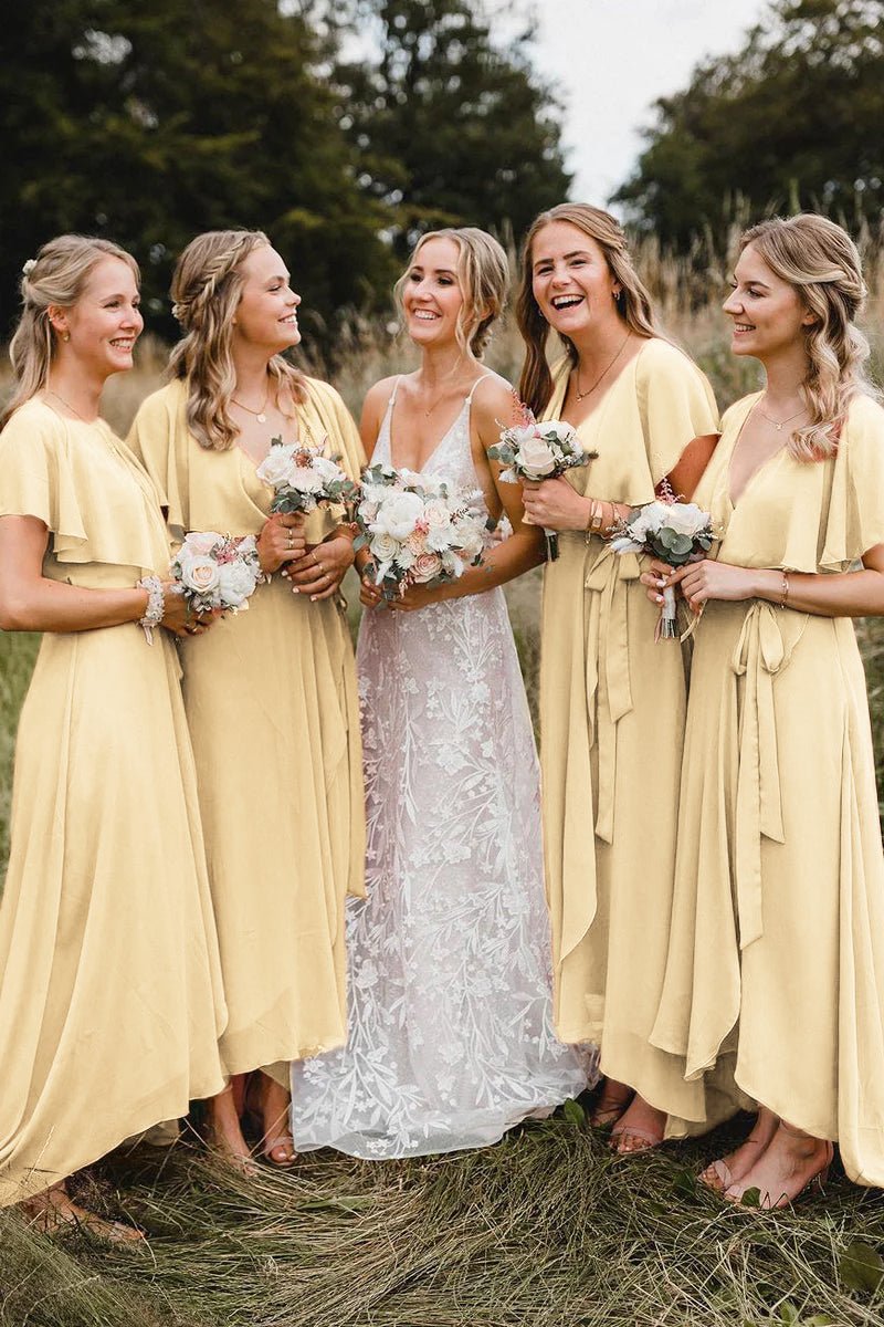 Simple A-Line Coral Chiffon Long Bridesmaid Dresses, Yellow / 4 Simple A-Line Coral Chiffon Long Bridesmaid Dresses, Yellow / 4