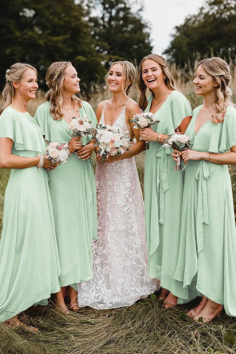 Simple A-Line Coral Chiffon Long Bridesmaid Dresses Green / 6 Simple A-Line Coral Chiffon Long Bridesmaid Dresses Green / 6