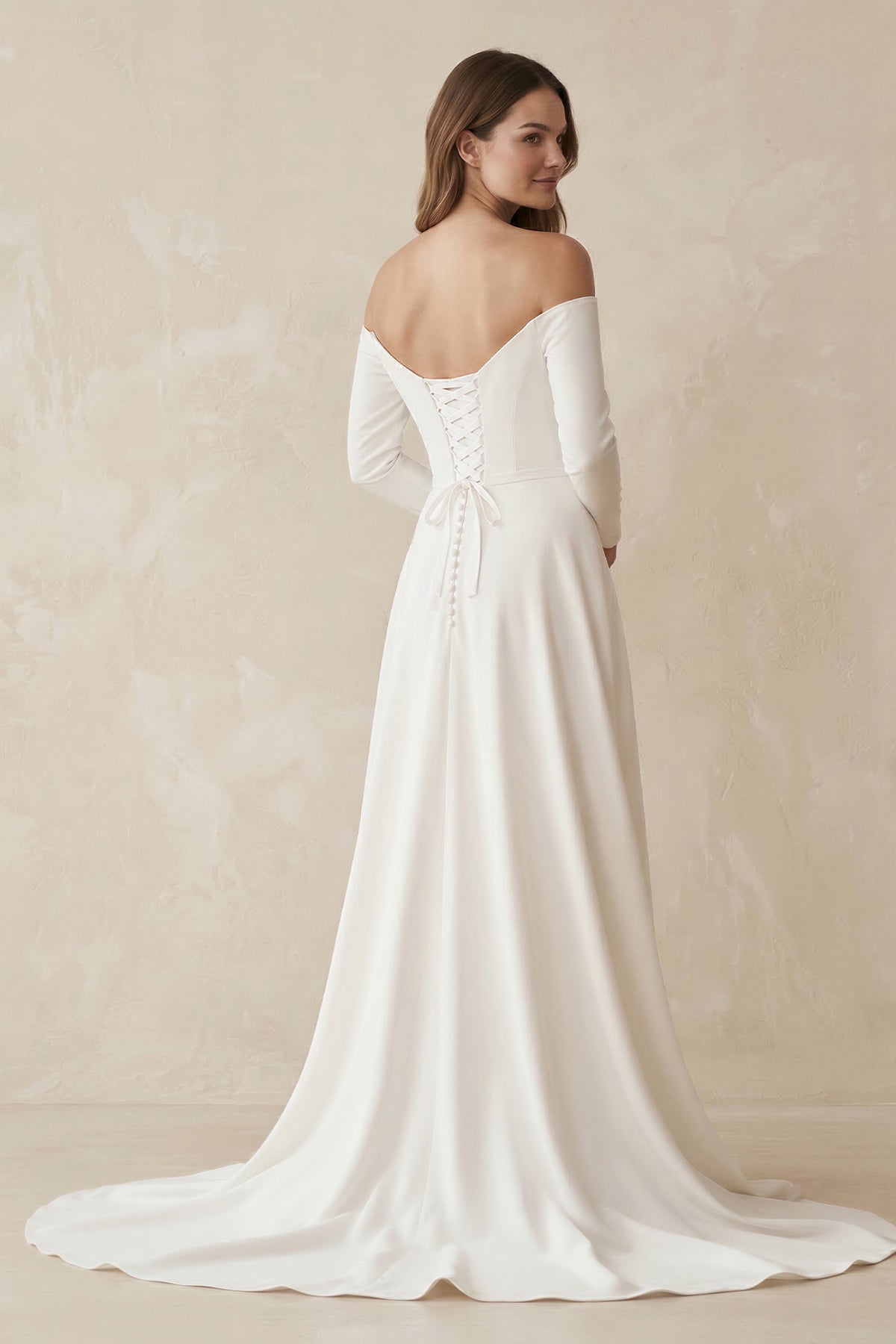 KissProm Simple A-Line Off the Shoulder Long Sleeves White Satin Wedding Dresses, Diamond White / Custom Size