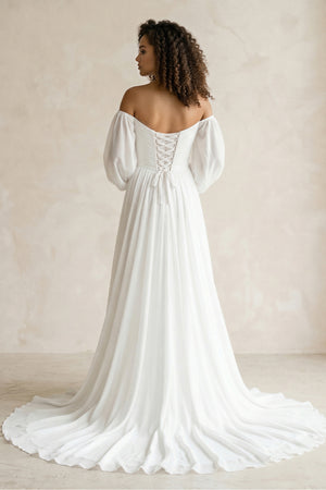 Simple A-Line Off the Shoulder White Beach Wedding Dresses with Slit – Wedding Dresses by KissProm | Available at KissProm
