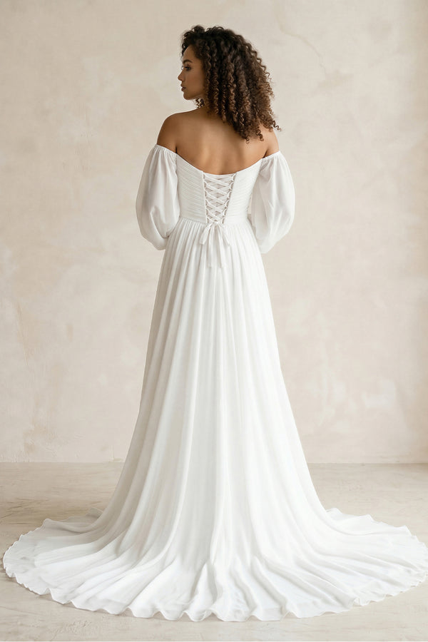 Simple A-Line Off the Shoulder White Beach Wedding Dresses with Slit – Wedding Dresses by KissProm | Available at KissProm