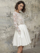 Simple A Line Short Knee - length Satin Lace Bateau Long Sleeve Wedding Dress - KissProm