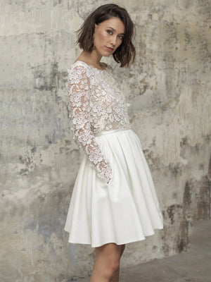 Simple A Line Short Knee - length Satin Lace Bateau Long Sleeve Wedding Dress - KissProm