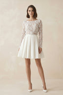 Simple A Line Short Knee - length Satin Lace Bateau Long Sleeve Wedding Dress – Wedding Dresses by KissProm | Available at KissProm