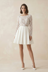 Simple A Line Short Knee - length Satin Lace Bateau Long Sleeve Wedding Dress – Wedding Dresses by KissProm | Available at KissProm