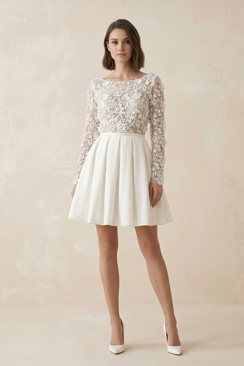 Simple A Line Short Knee - length Satin Lace Bateau Long Sleeve Wedding Dress – Wedding Dresses by KissProm | Available at KissProm
